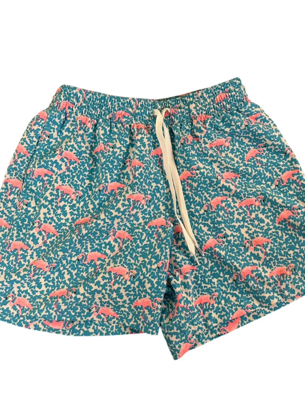 CHUBBIES Flamingo‎ Print Swim Trunks Blue Pink Elastic Waist Sz S